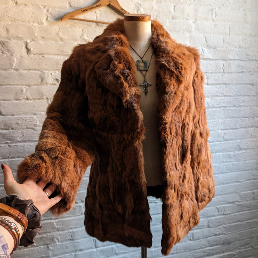 Vintage Mob Wife Rabbit Fur Coat Rusty Red Brown Penny Lane Shaggy Furry Jacket - Picture 3 of 11